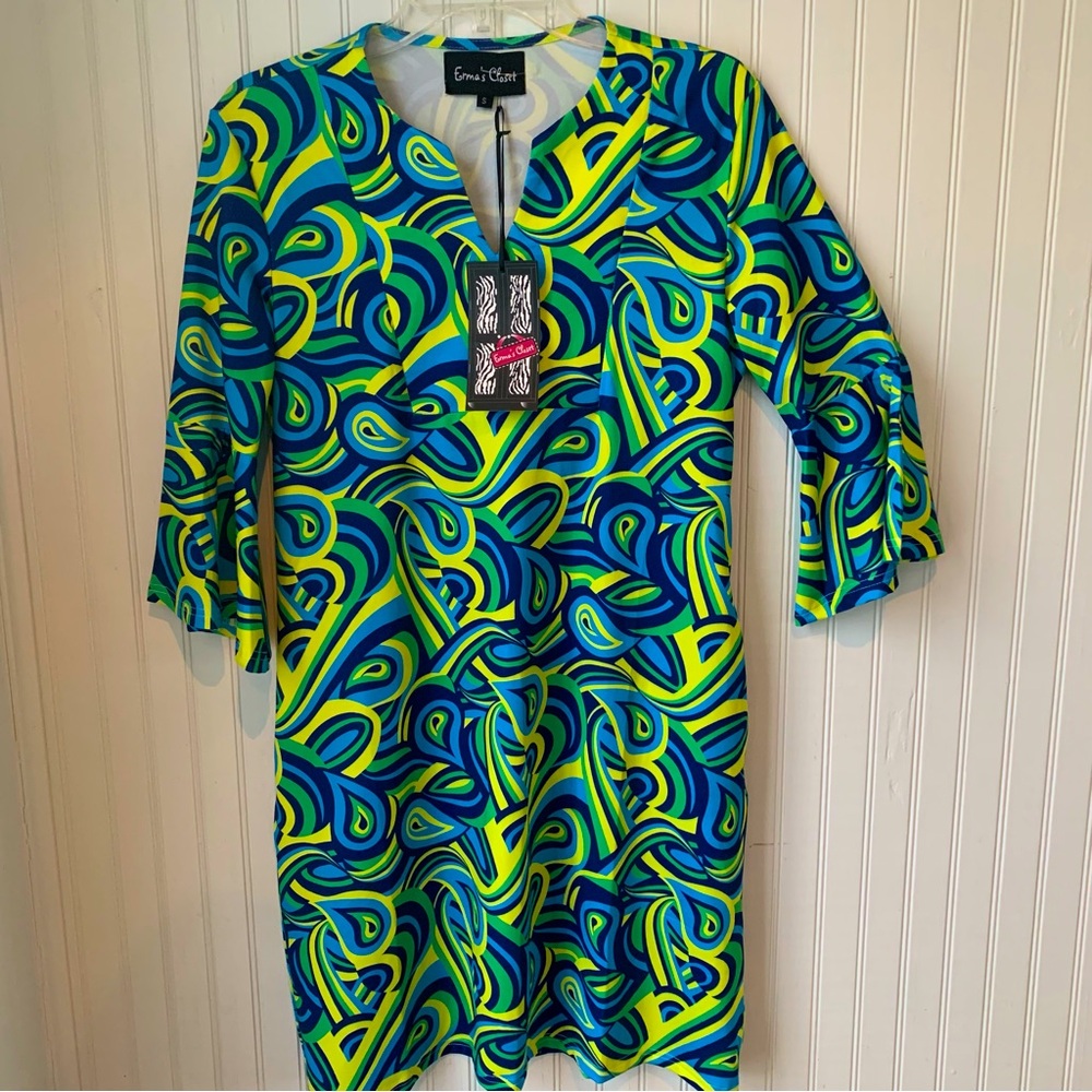 Erma’s Closet (NWT) (S) Dress, V-Neck, Royal Blue, Green & Yellow Fun Pattern